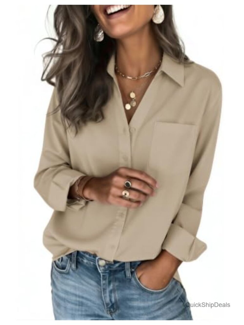 Women's Long Sleeve Button Down Blouse Silky 4-Way Stretch Dressy